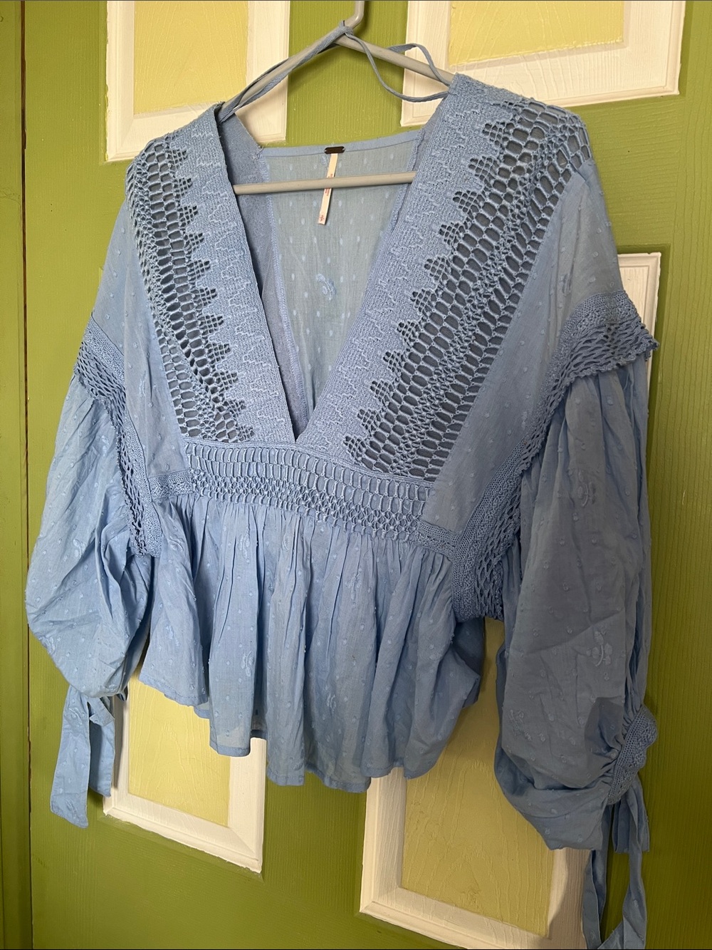 Free People Light Blue Crochet V-Neck Peasant Blouse
